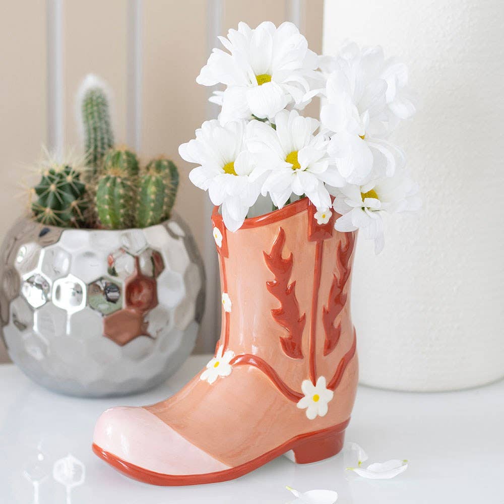 Vase à fleurs en forme de botte de cowboy rose